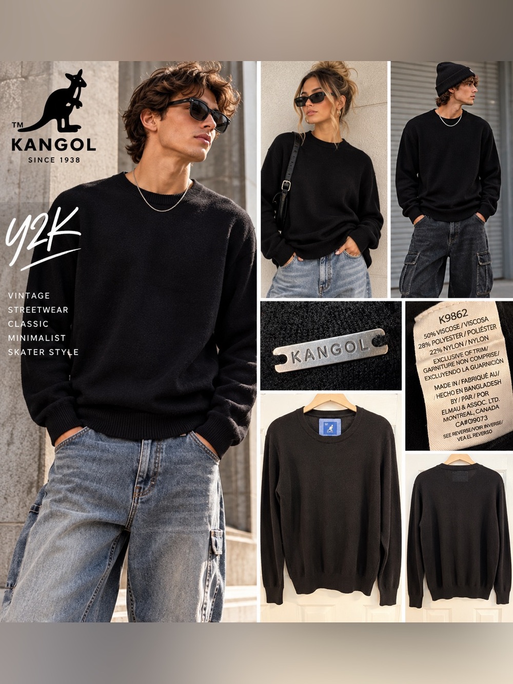 Kangol Y2K Black Knit Crewneck Sweater XL